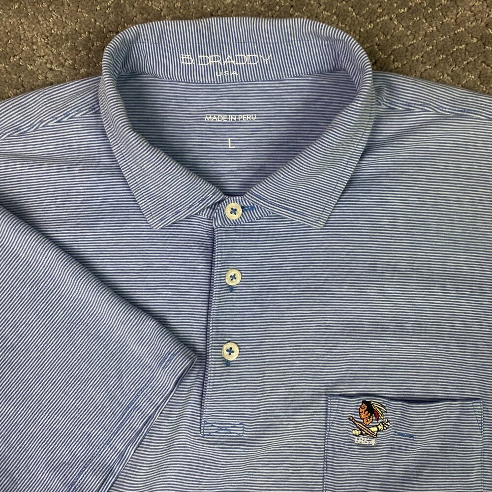 B Draddy Polo Shirt Men's Large Blue White Stripes Vin Golf Performance Stretch